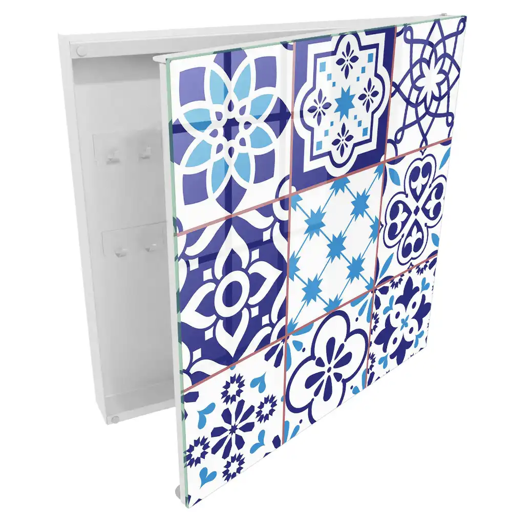 Boîte à clés murale motifs bleus à motifs floraux et étoilés