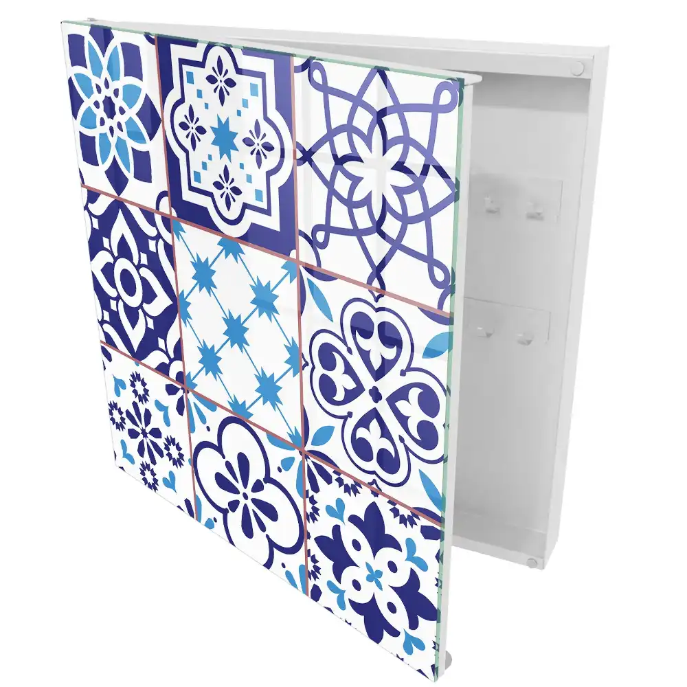 Boîte à clés murale motifs bleus à motifs floraux et étoilés