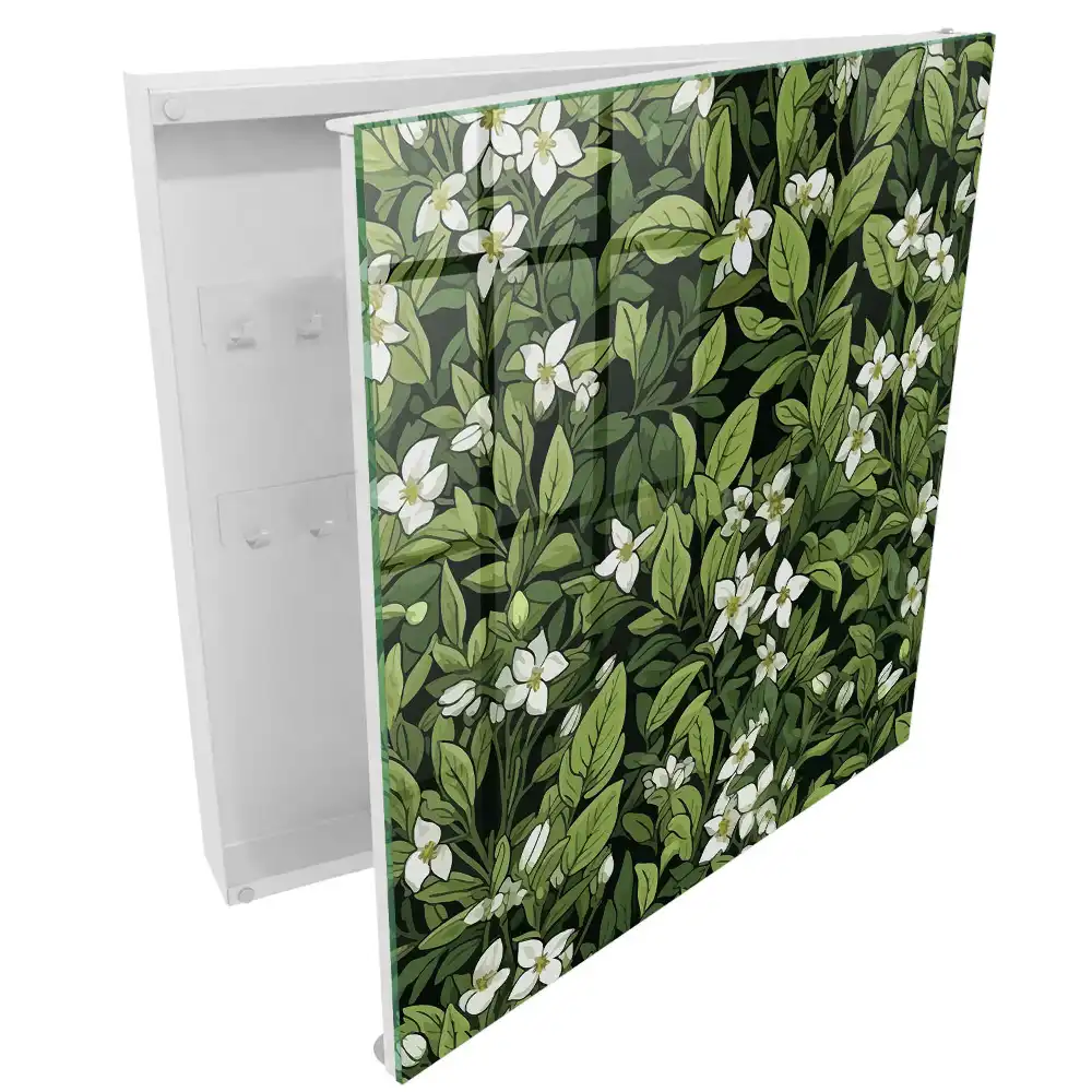 Boîte à clés feuilles vertes et fleurs blanches pleines de vie