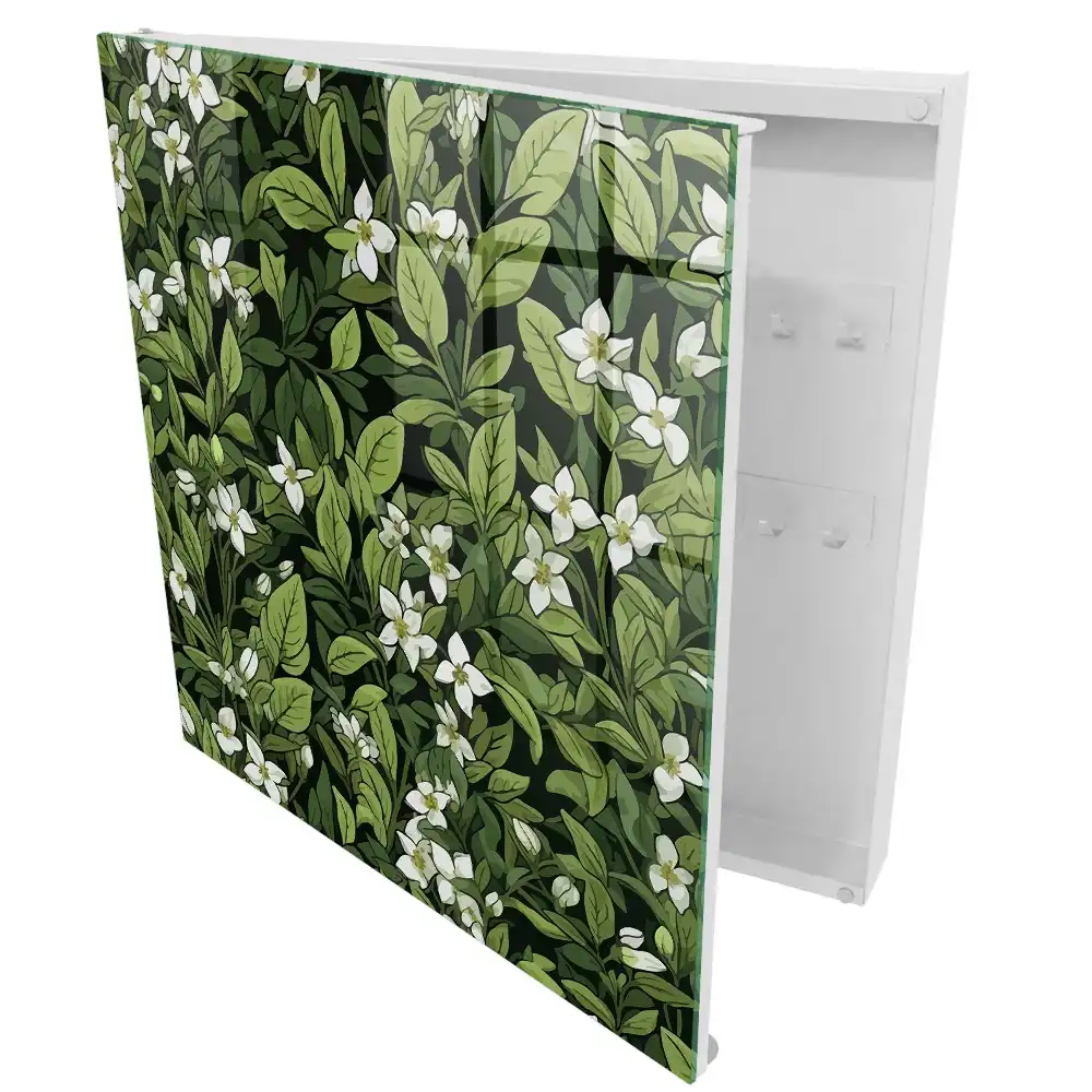 Boîte à clés feuilles vertes et fleurs blanches pleines de vie