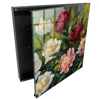 Boîte à clés murale pivoines en pleine floraison sur fond vert