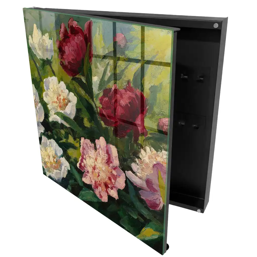 Boîte à clés murale pivoines en pleine floraison sur fond vert