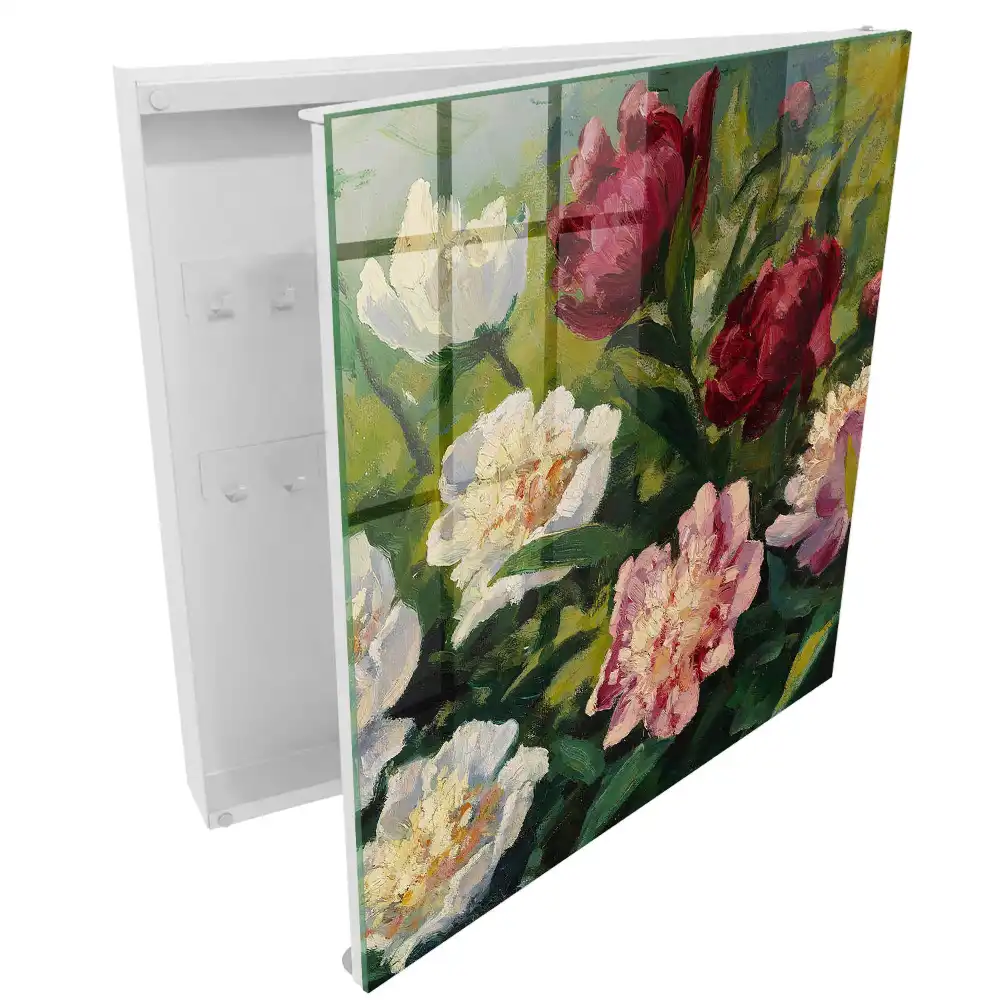 Boîte à clés murale pivoines en pleine floraison sur fond vert