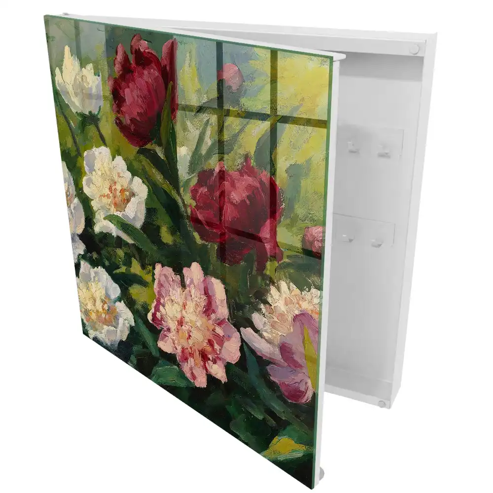 Boîte à clés murale pivoines en pleine floraison sur fond vert
