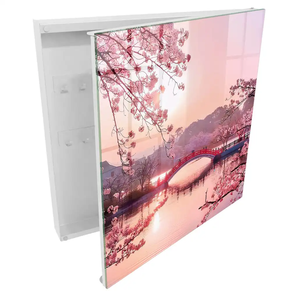 Armoire à clés pont rouge avec des cerises roses et du soleil