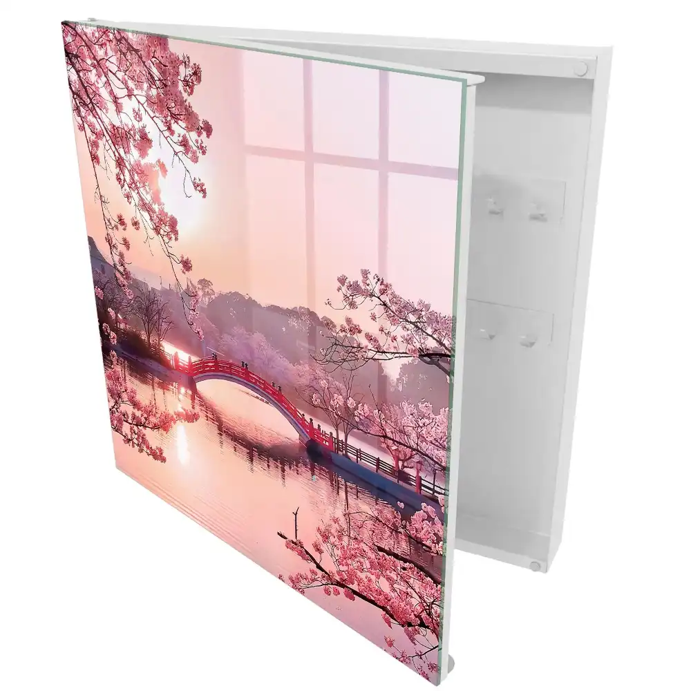 Armoire à clés pont rouge avec des cerises roses et du soleil