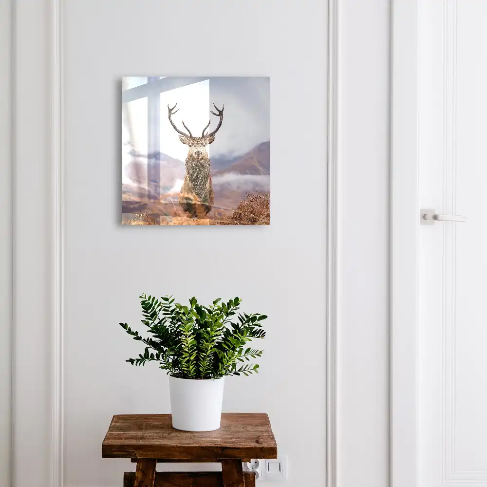 Boîte à clés murale un cerf dans les montagnes entouré d'un paysage brumeux