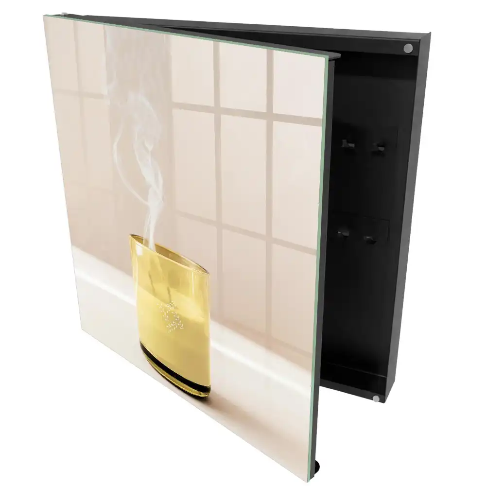Armoire à clés verre transparent contenant un contenu jaune et fumé