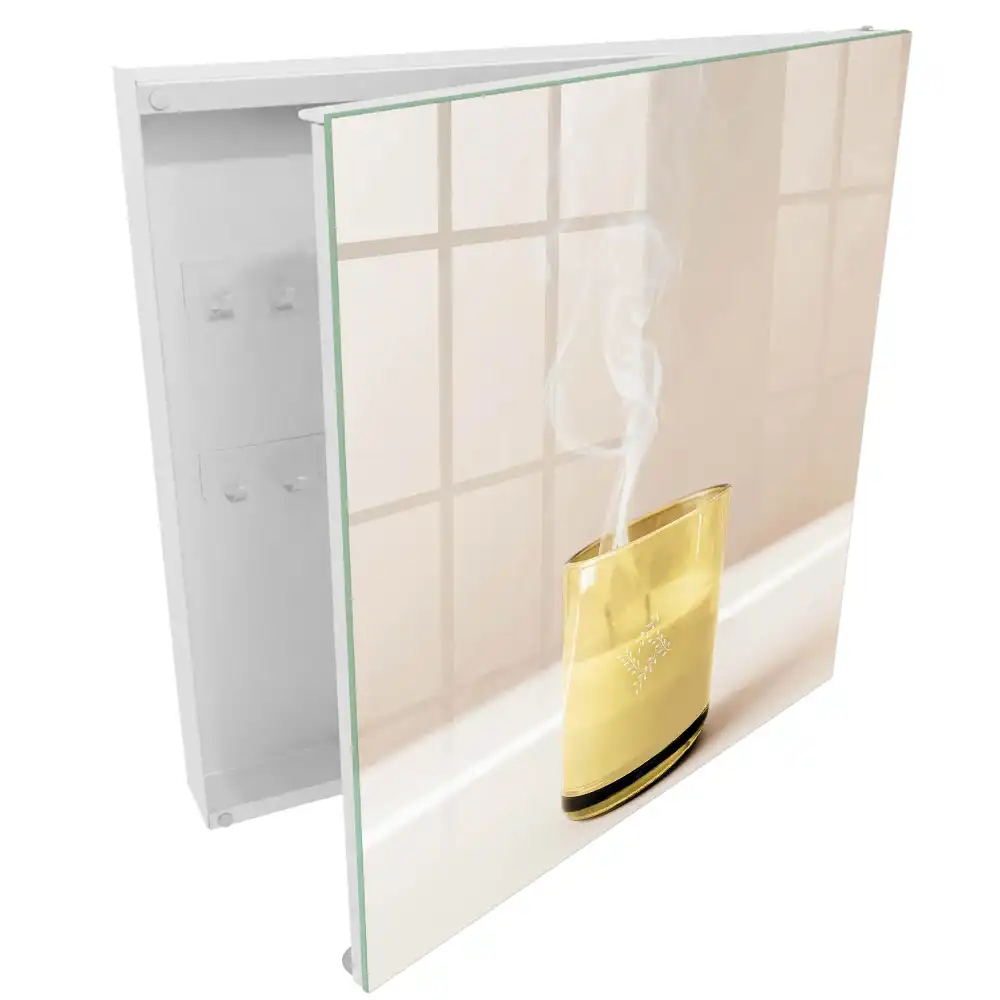 Armoire à clés verre transparent contenant un contenu jaune et fumé