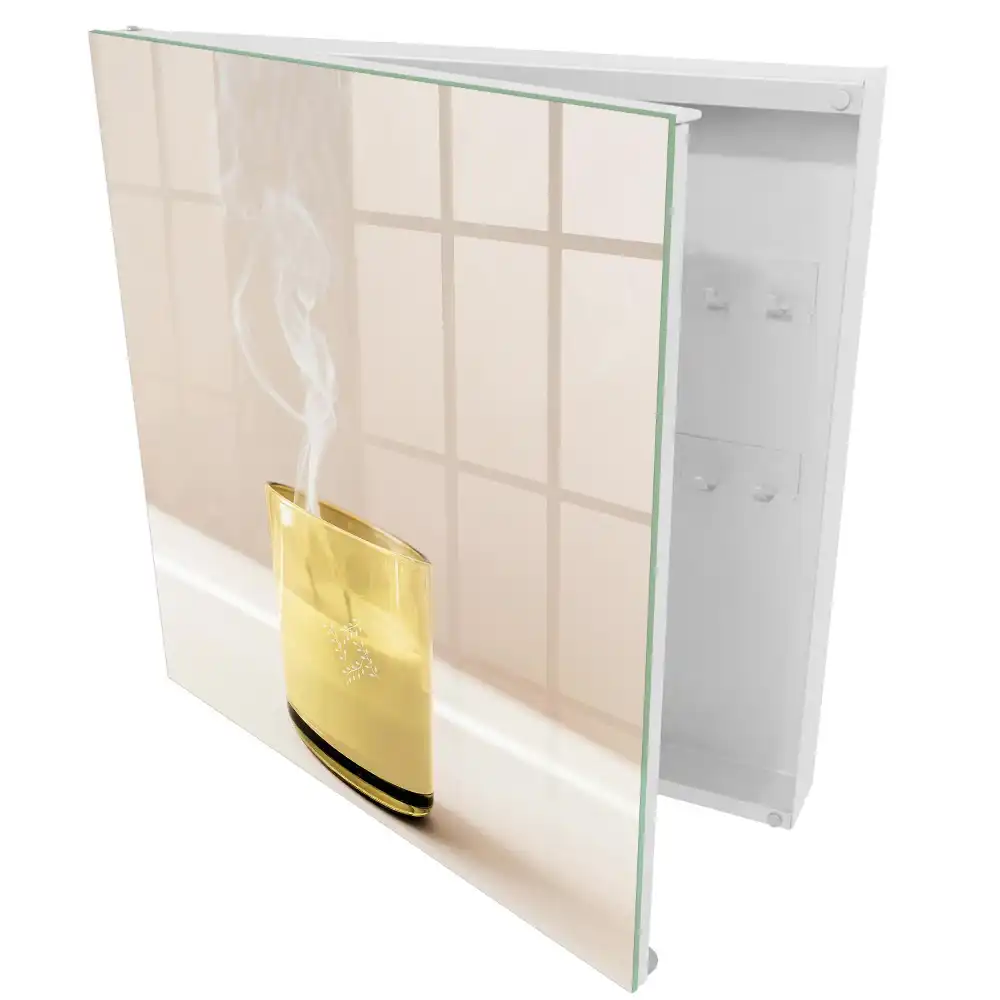 Armoire à clés verre transparent contenant un contenu jaune et fumé