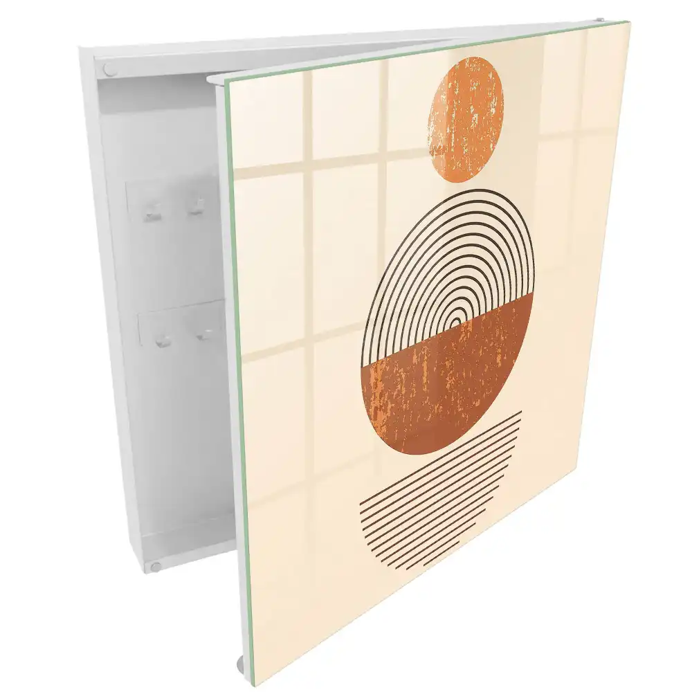 Armoire à clés disposition symétrique de cercles et de lignes sur fond beige