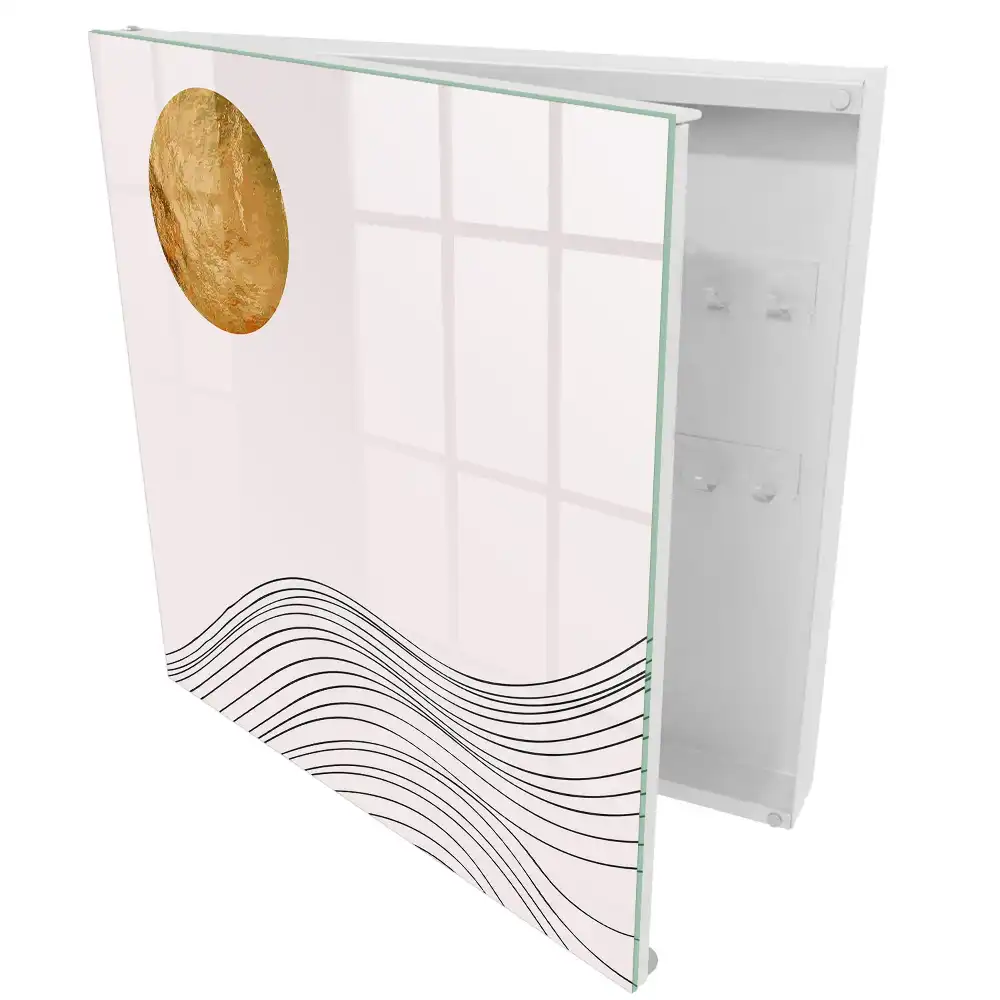 Boîte à clés des lignes minimalistes et un cercle chaleureux sur un fond clair