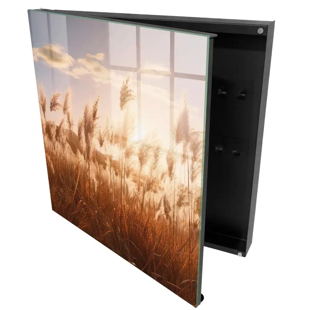 Armoire à clés lumière chaude et herbe se détachant sur le ciel