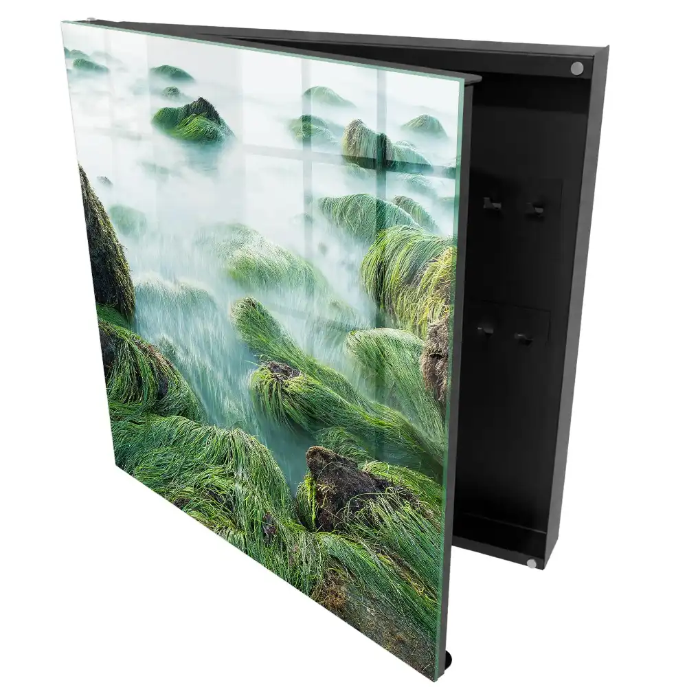 Armoire à clés des rochers verdoyants et une mer calme sans brouillard