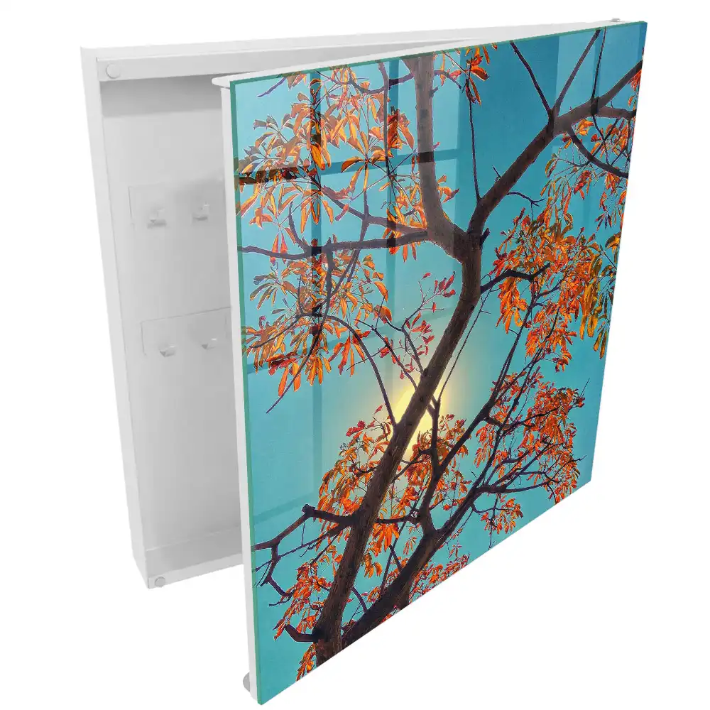 Boîte à clés murale des feuilles colorées sur fond de ciel bleu