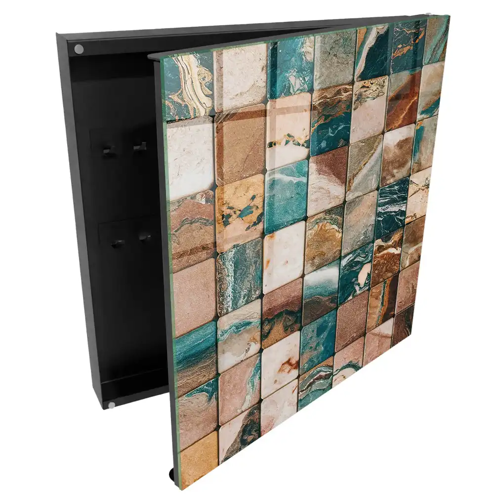 Boîte à clés murale mosaïque carrée aux tons terreux et motifs turquoise