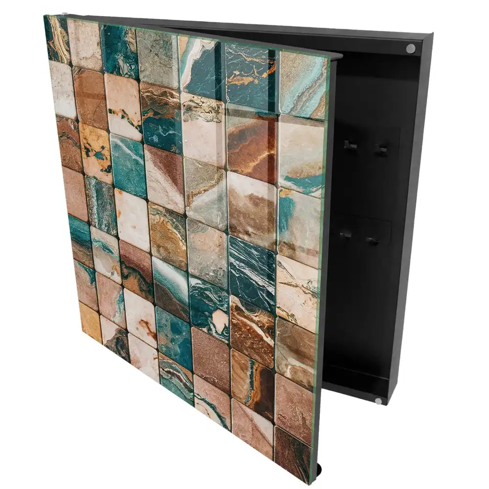 Boîte à clés murale mosaïque carrée aux tons terreux et motifs turquoise