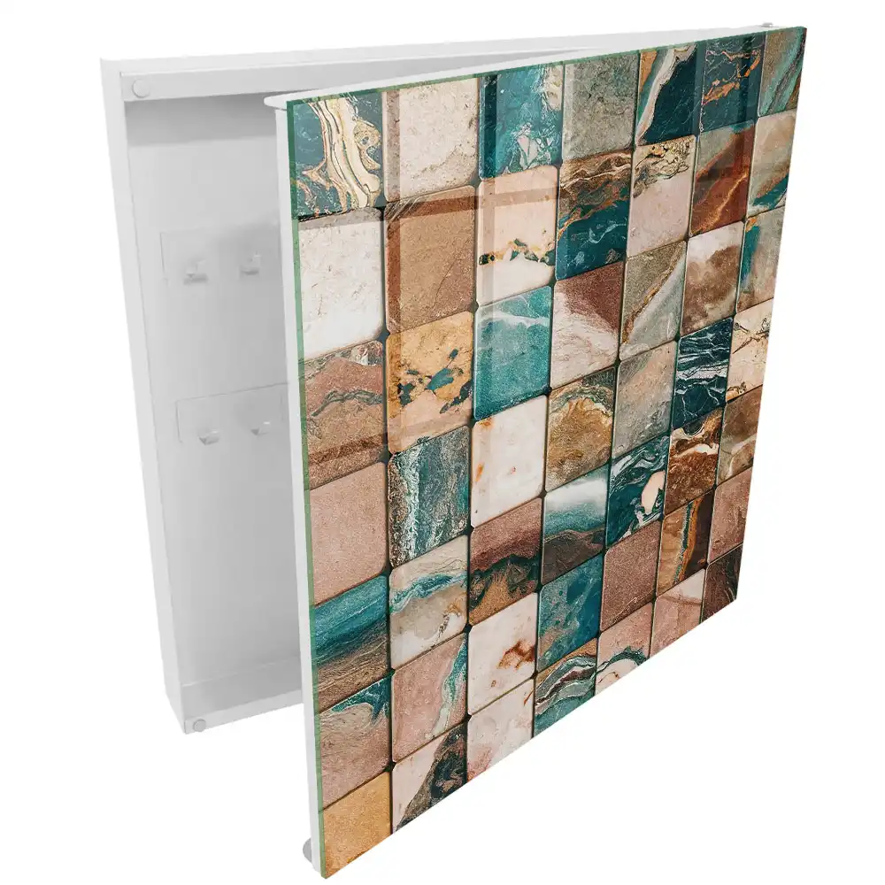 Boîte à clés murale mosaïque carrée aux tons terreux et motifs turquoise