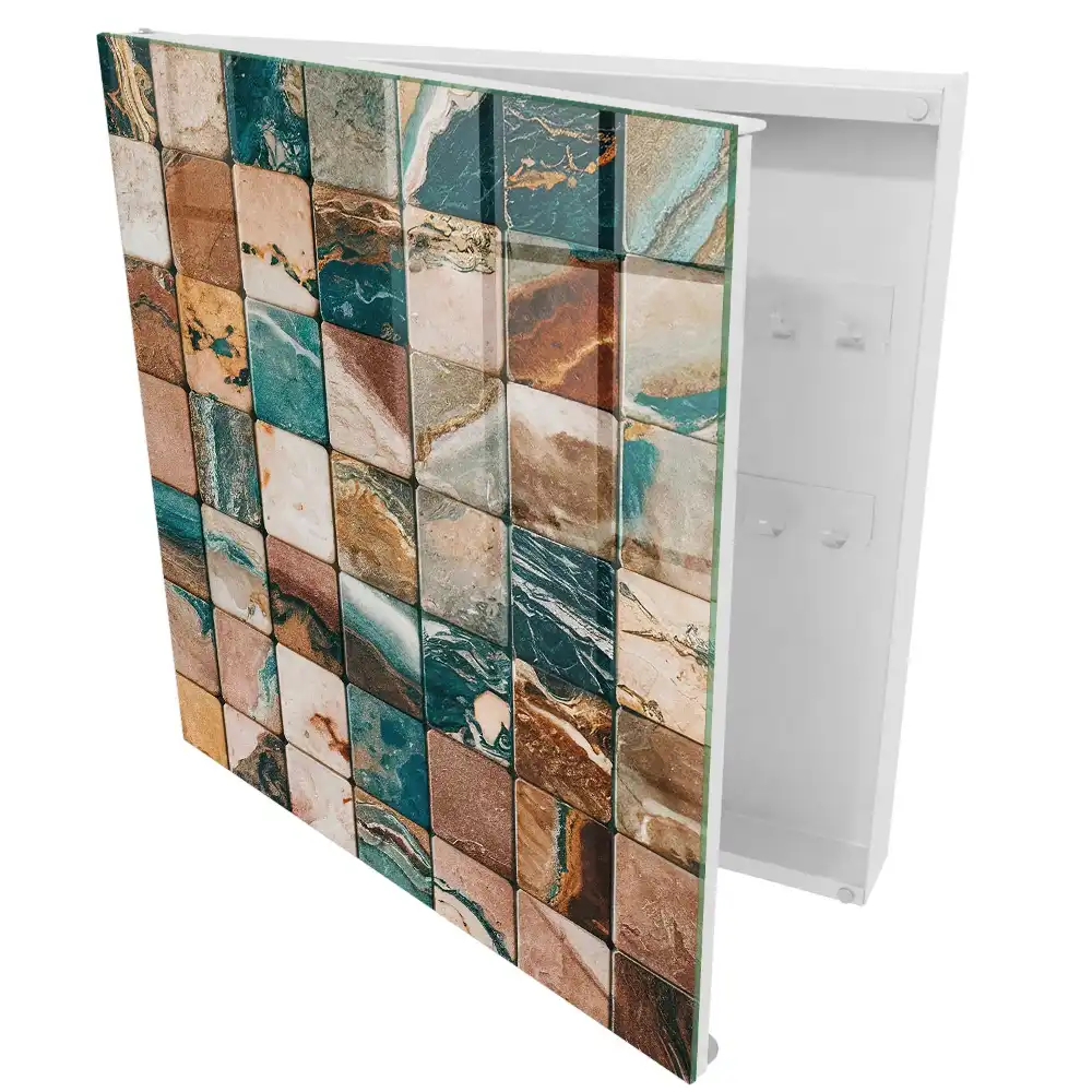 Boîte à clés murale mosaïque carrée aux tons terreux et motifs turquoise