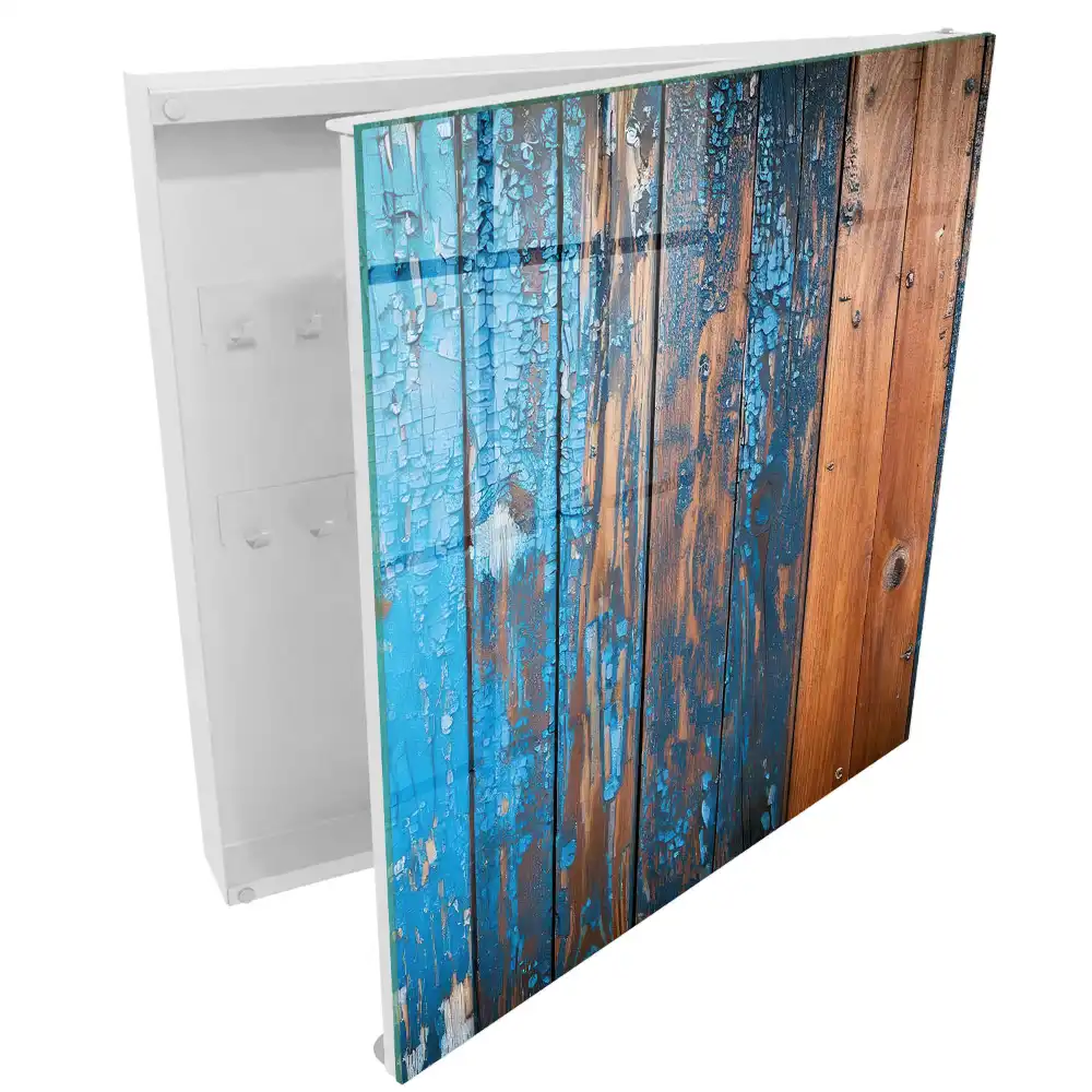 Armoire à clés fond en bois avec peinture bleue écaillée