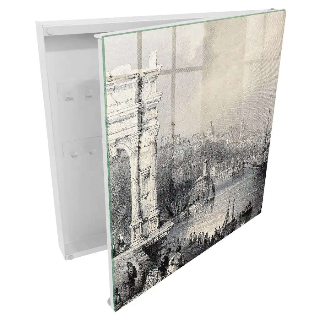 Armoire à clés un monastère sur le rivage avec des voiliers