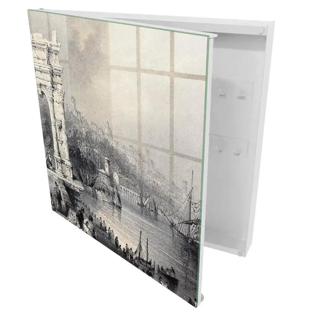Armoire à clés un monastère sur le rivage avec des voiliers