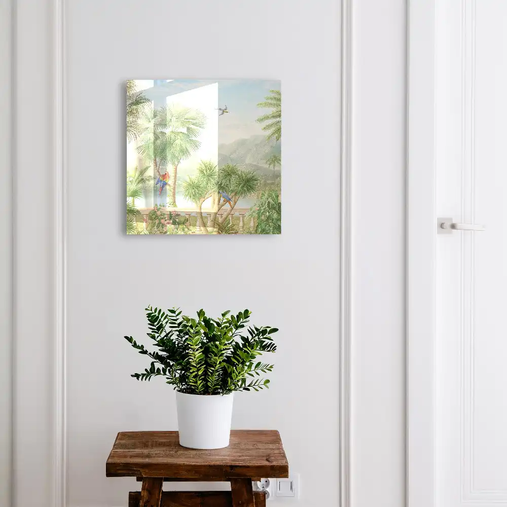 Boîte à clés paysage exotique avec palmiers et perroquets