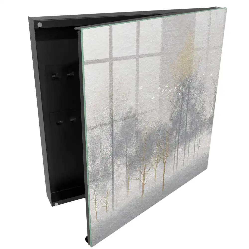 Armoire à clés un paysage subtil d'arbres et d'oiseaux en gris