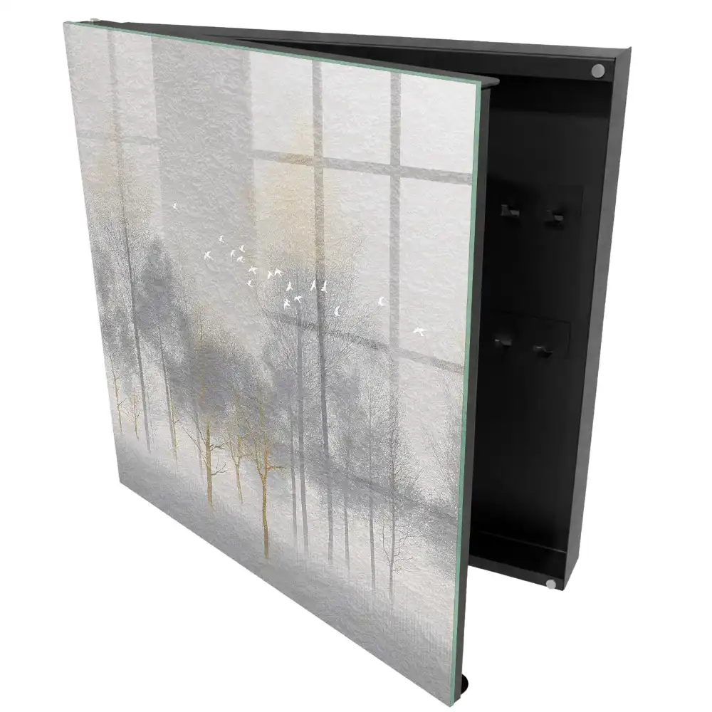 Armoire à clés un paysage subtil d'arbres et d'oiseaux en gris
