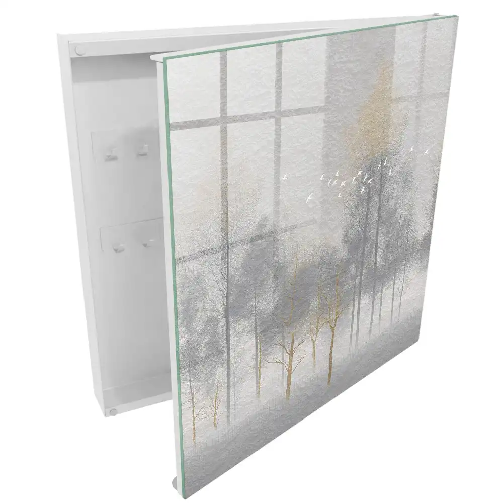 Armoire à clés un paysage subtil d'arbres et d'oiseaux en gris