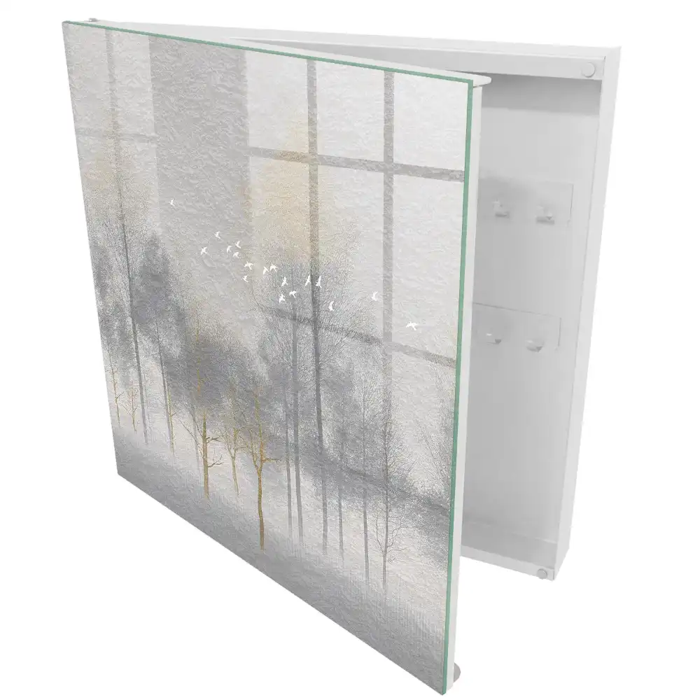 Armoire à clés un paysage subtil d'arbres et d'oiseaux en gris
