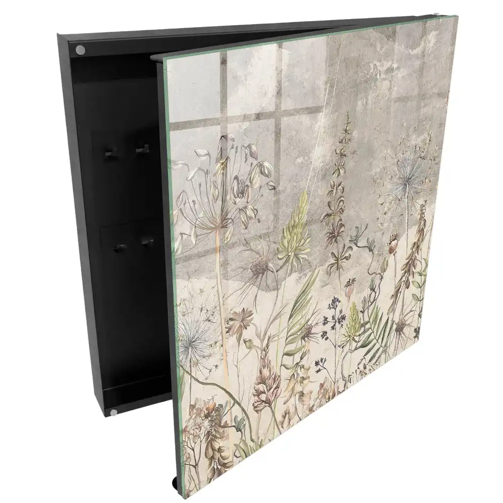 Armoire à clés motif végétal discret sur fond gris