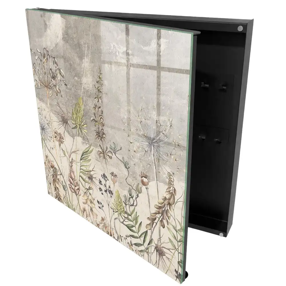 Armoire à clés motif végétal discret sur fond gris