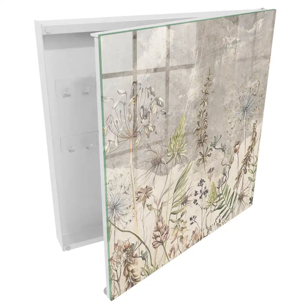 Armoire à clés motif végétal discret sur fond gris