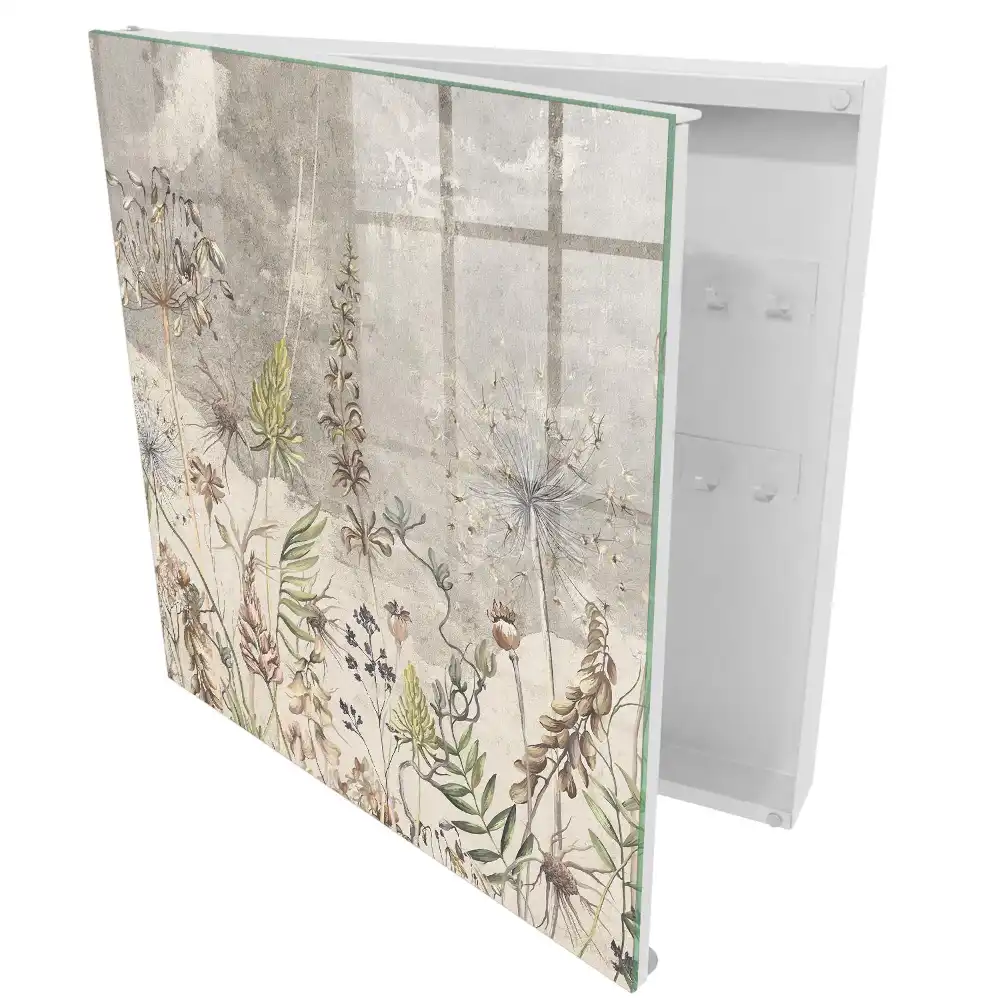 Armoire à clés motif végétal discret sur fond gris
