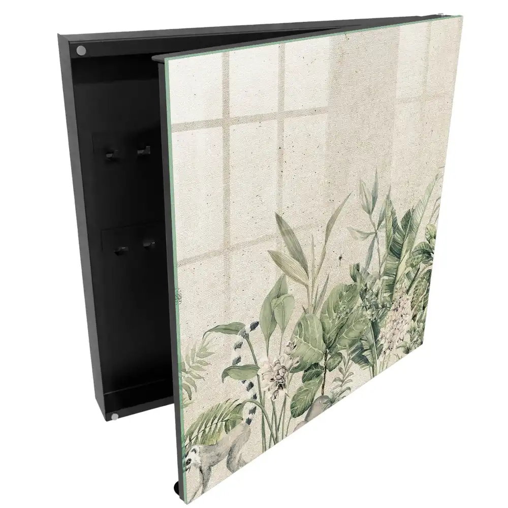 Armoire à clés feuilles vertes avec un lémurien sur fond beige
