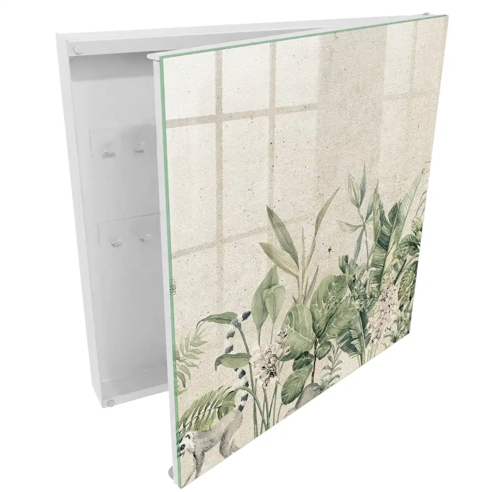 Armoire à clés feuilles vertes avec un lémurien sur fond beige
