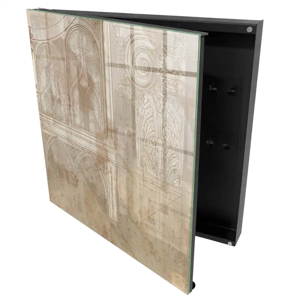 Armoire à clés croquis architecturaux sur fond beige