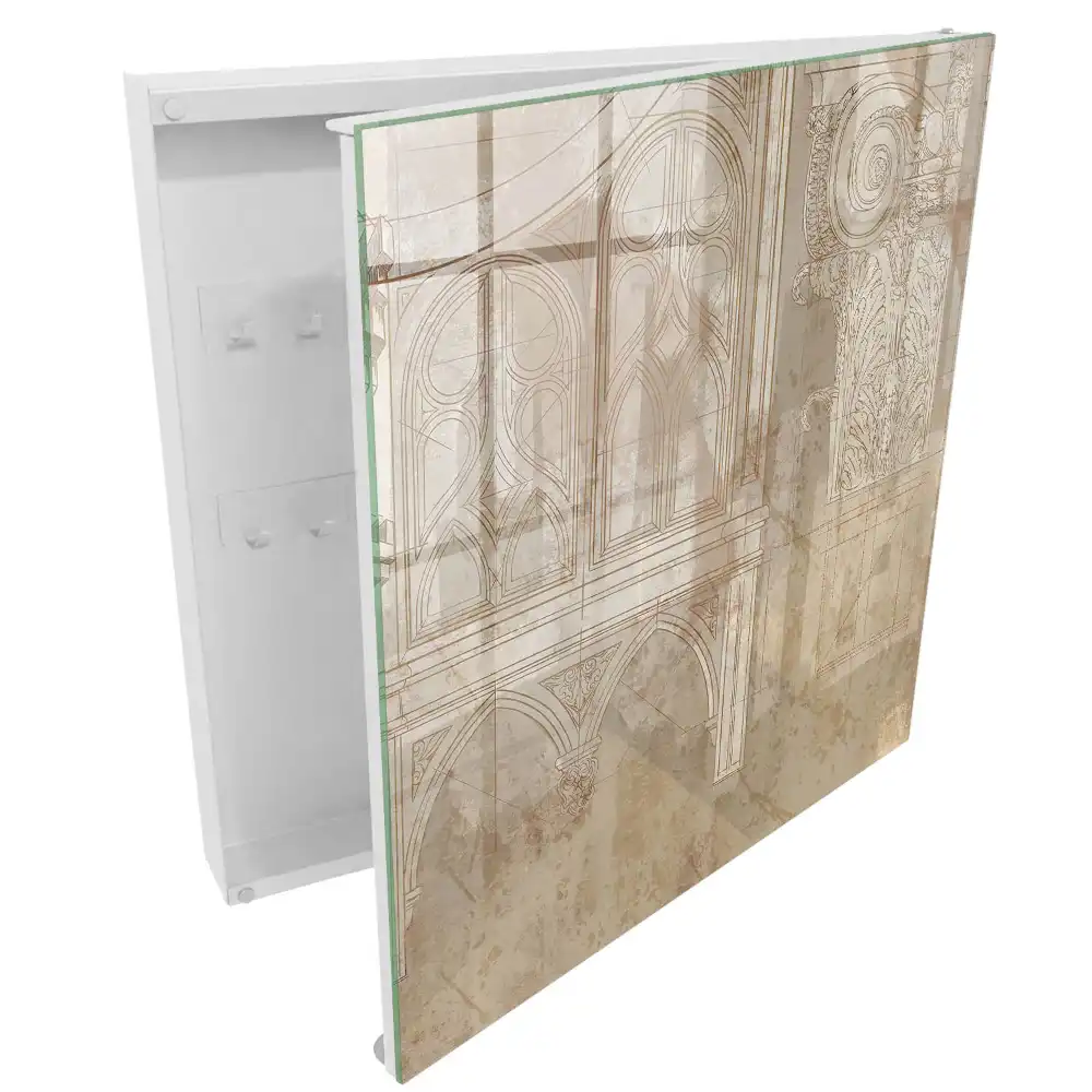 Armoire à clés croquis architecturaux sur fond beige
