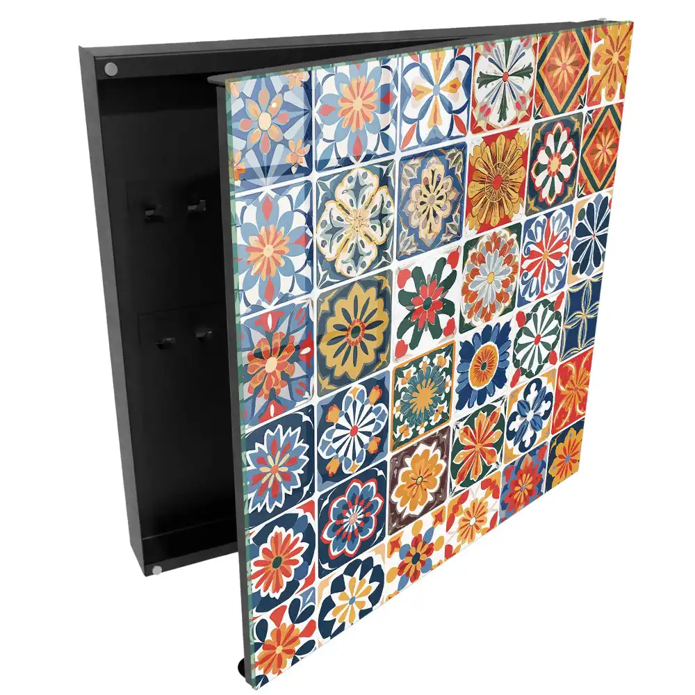 Boîte à clés murale carreaux carrés à motifs végétaux colorés