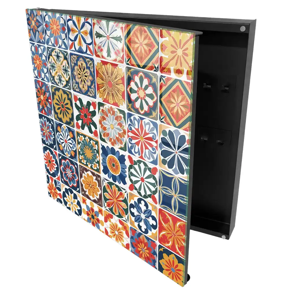 Boîte à clés murale carreaux carrés à motifs végétaux colorés