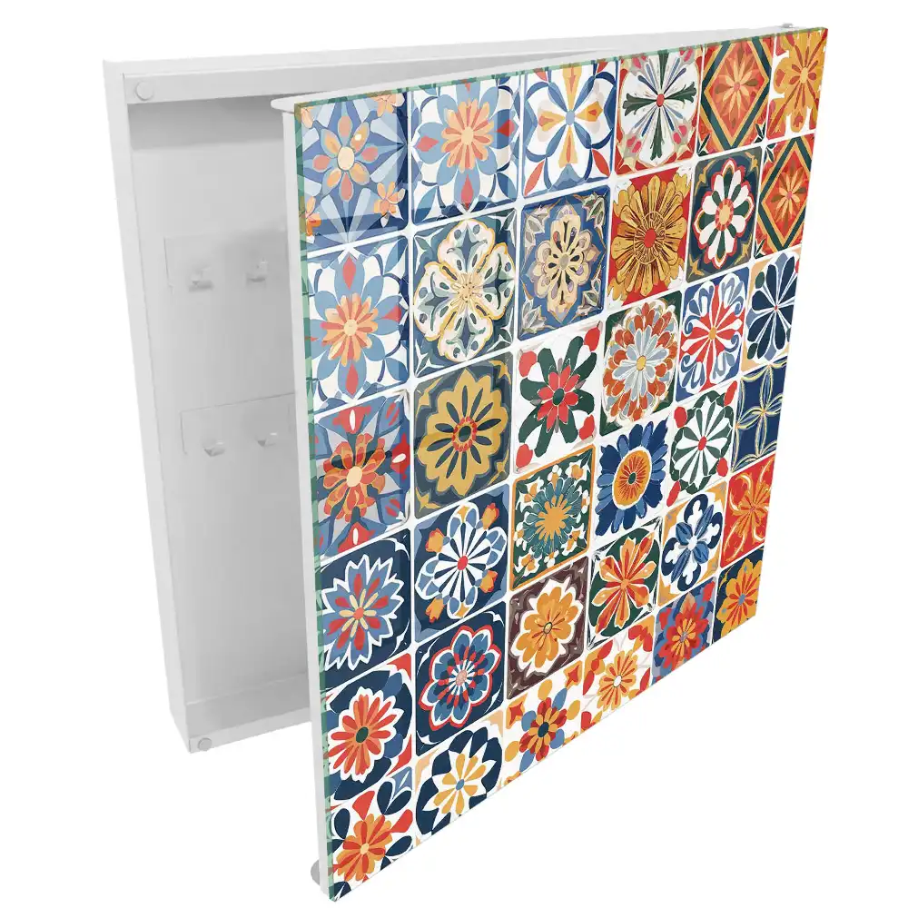 Boîte à clés murale carreaux carrés à motifs végétaux colorés