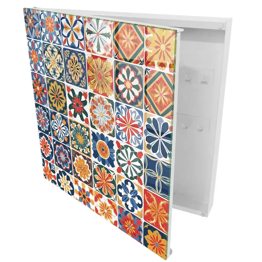 Boîte à clés murale carreaux carrés à motifs végétaux colorés