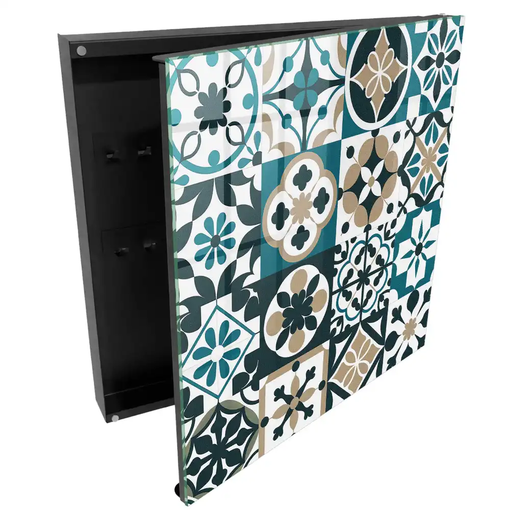 Boîte à clés motifs symétriques de style marocain dans les tons turquoise et beige