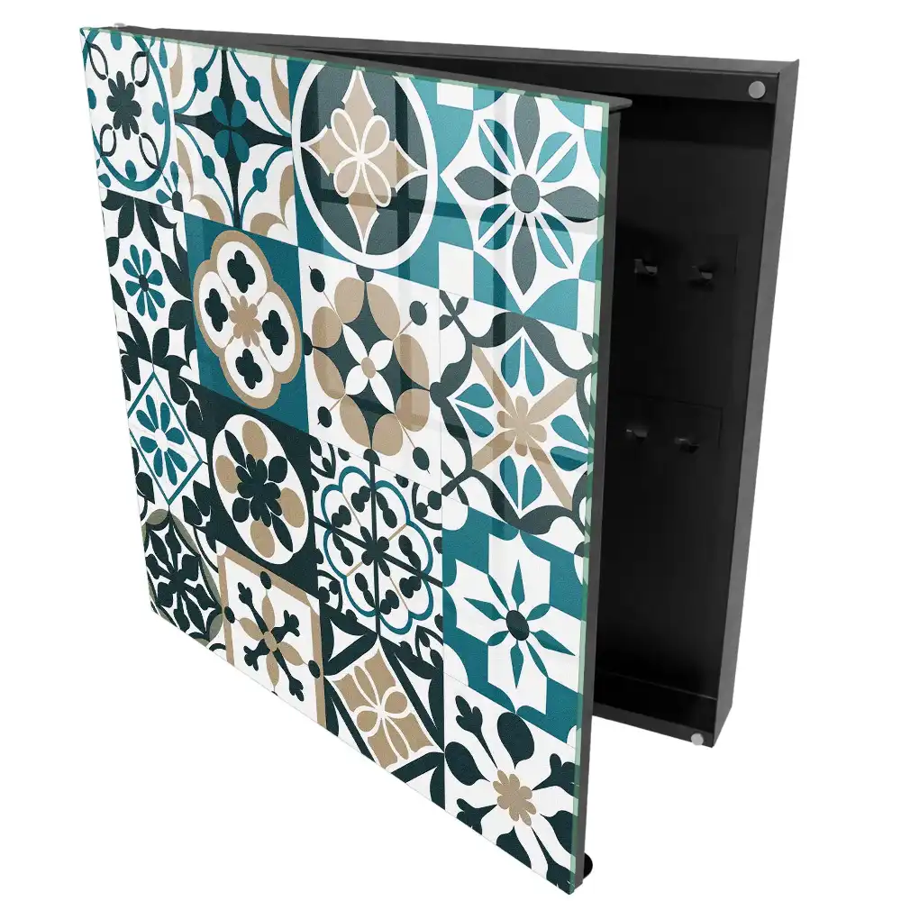 Boîte à clés motifs symétriques de style marocain dans les tons turquoise et beige