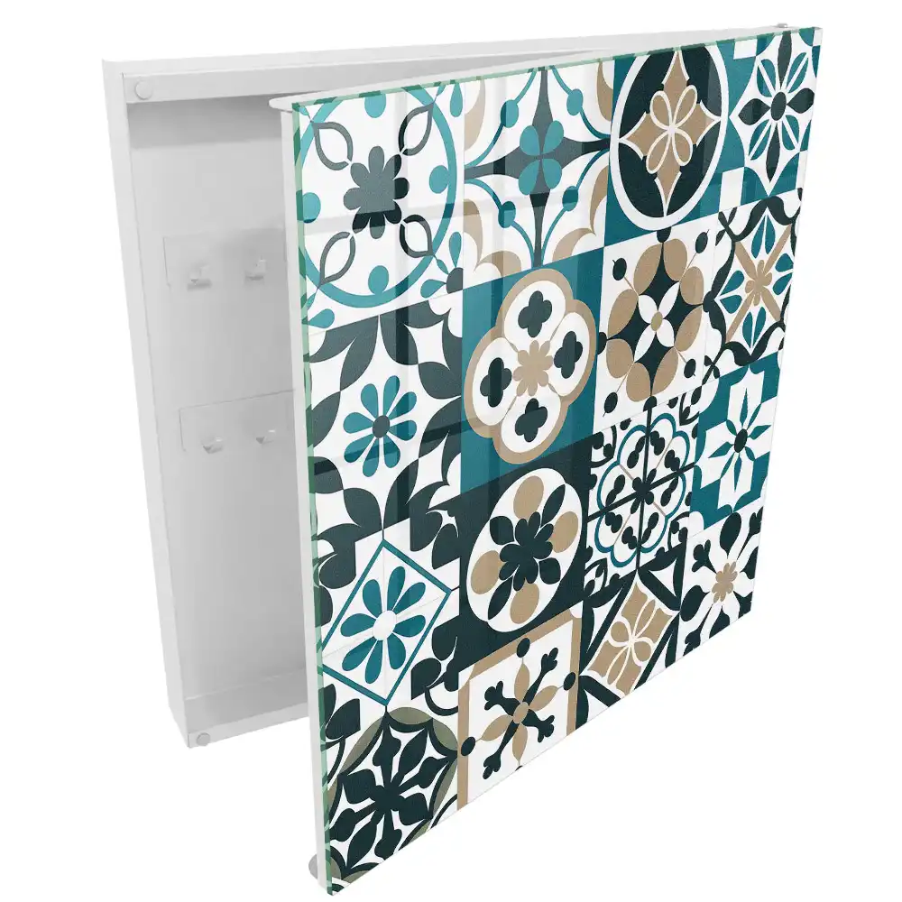 Boîte à clés motifs symétriques de style marocain dans les tons turquoise et beige