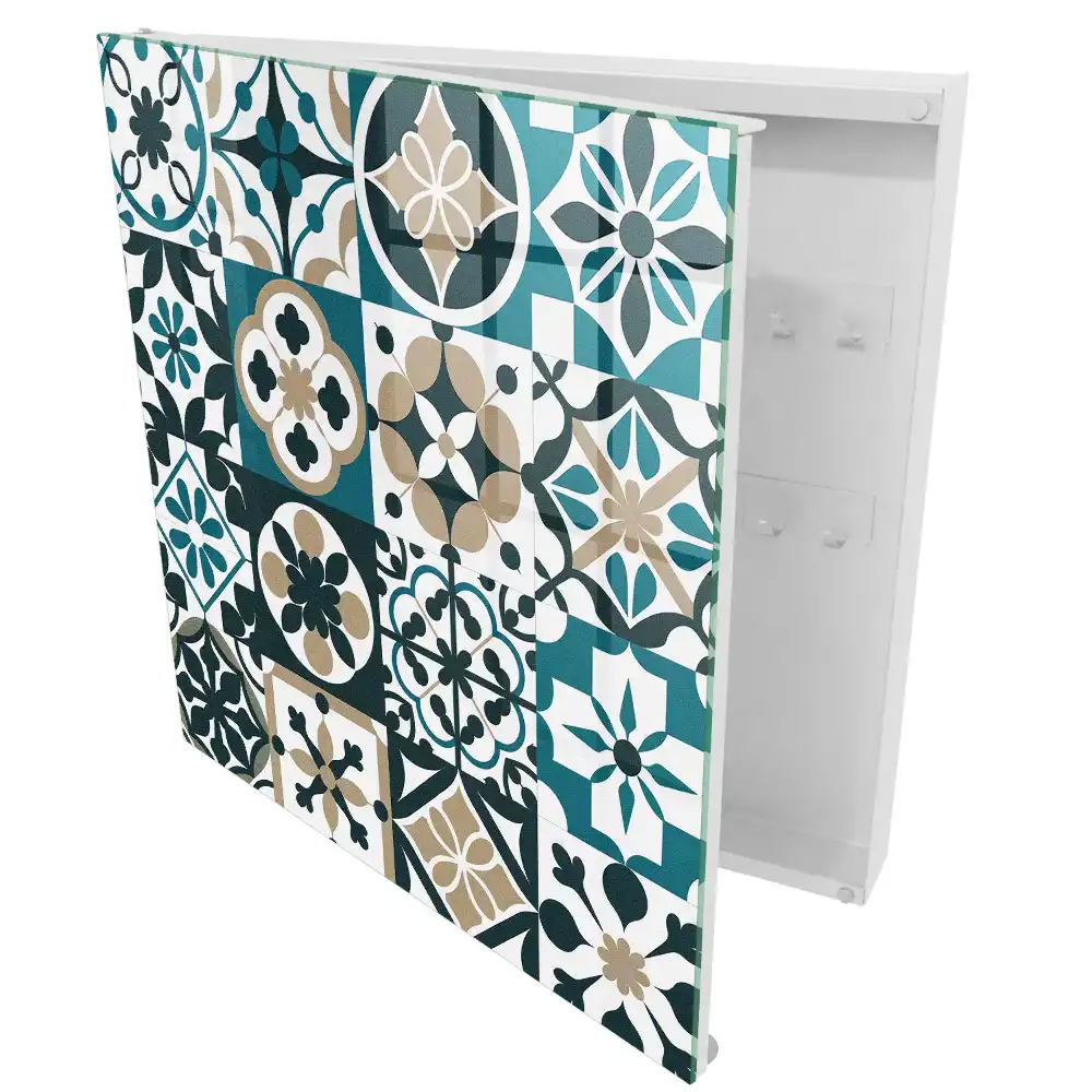 Boîte à clés motifs symétriques de style marocain dans les tons turquoise et beige