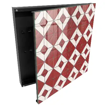 Boîte à clés murale motif géométrique rouge et blanc composition dynamique