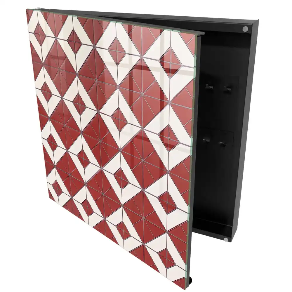 Boîte à clés murale motif géométrique rouge et blanc composition dynamique