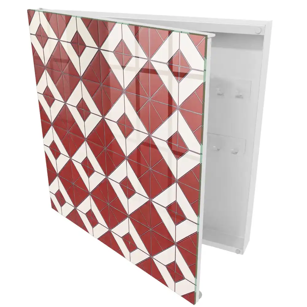 Boîte à clés murale motif géométrique rouge et blanc composition dynamique